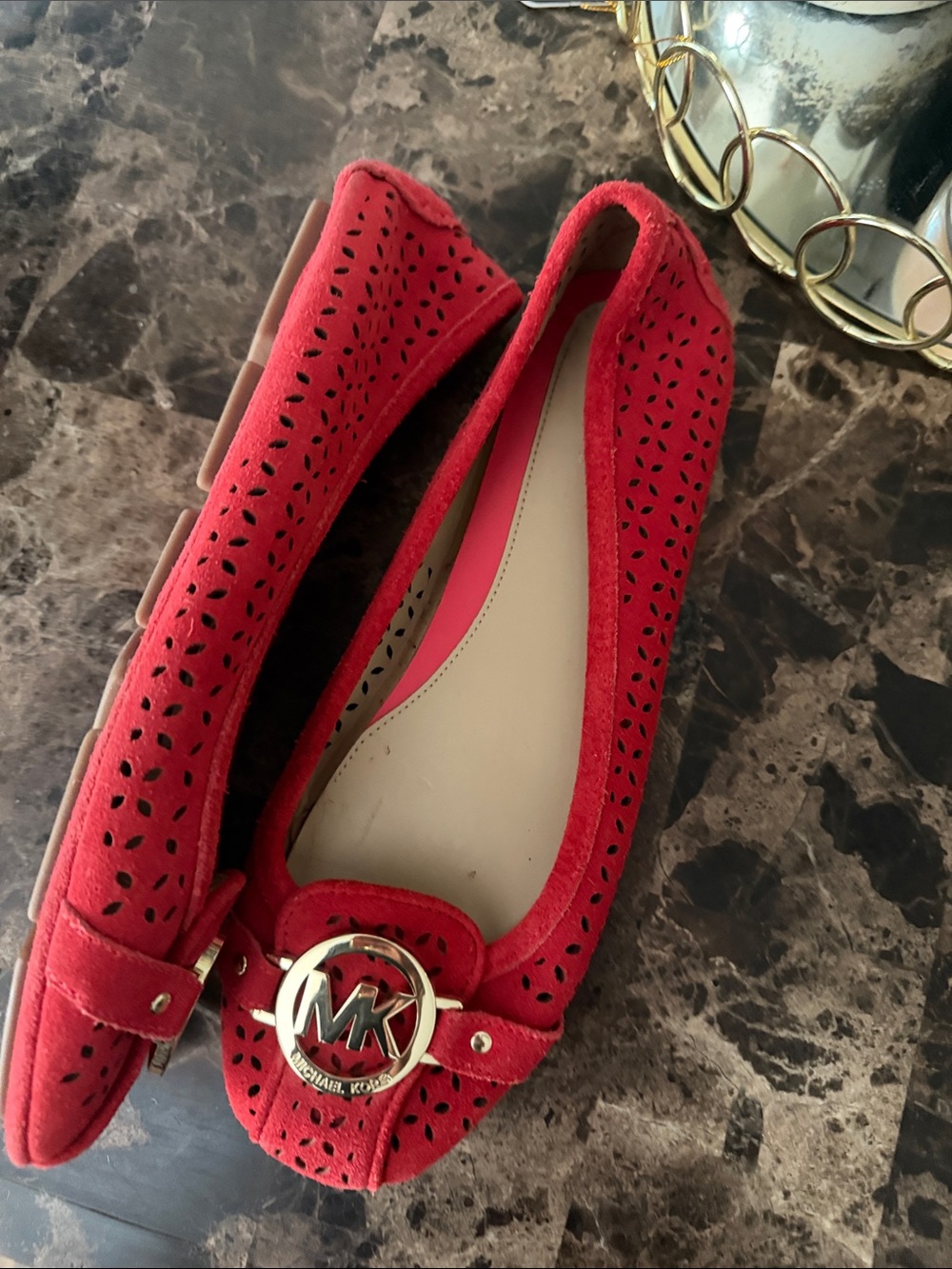 Michael Kors Red Suede Perforated Moccasin Flats with MK Medallion